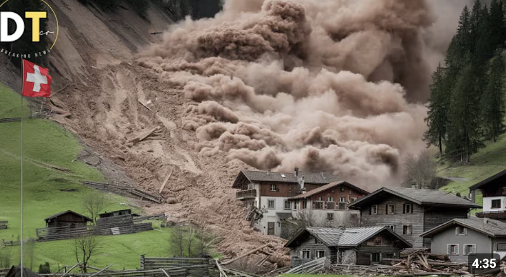 Capture d'écran d'une image de couverture d'un reportage sur l'effondrement de Blatten. Cette image est totalement factice.